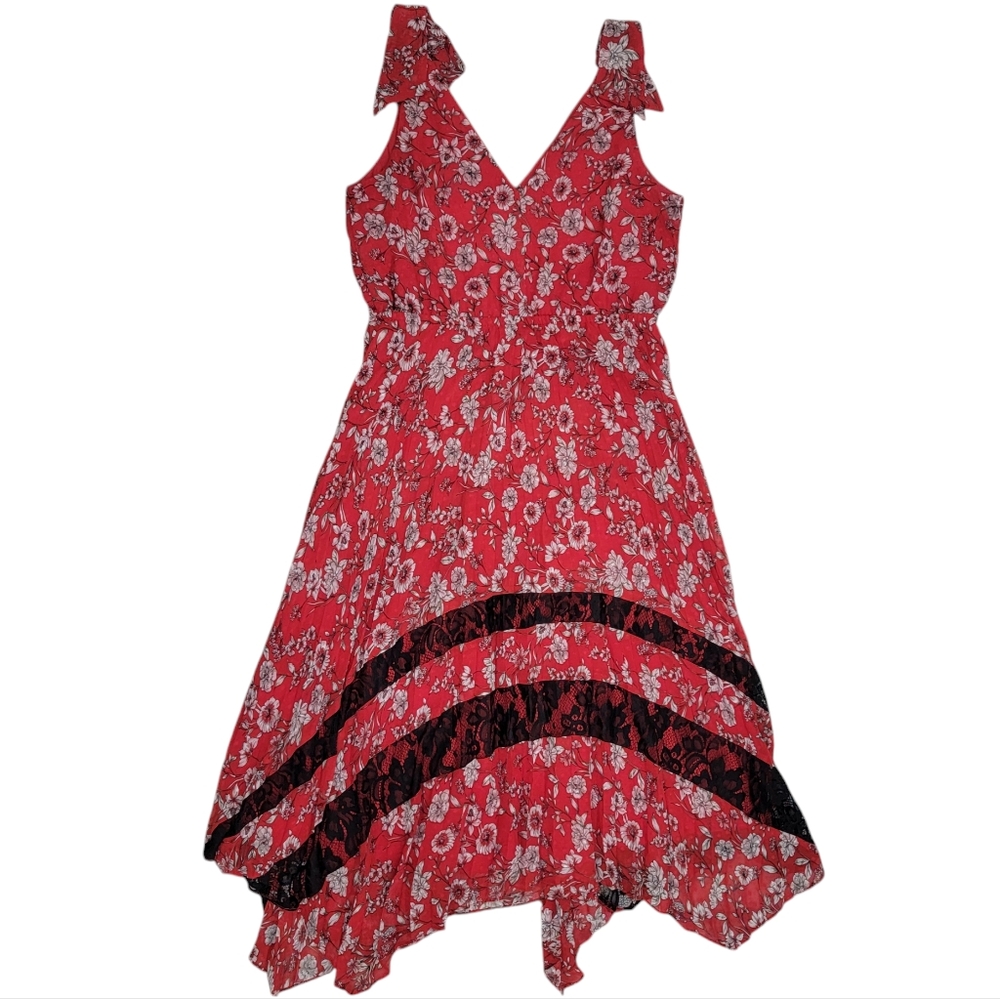 Nanette Lepore Pleated Floral Midi Dress Red Feminine Handkerchief Hem W… - Picture 14 of 16